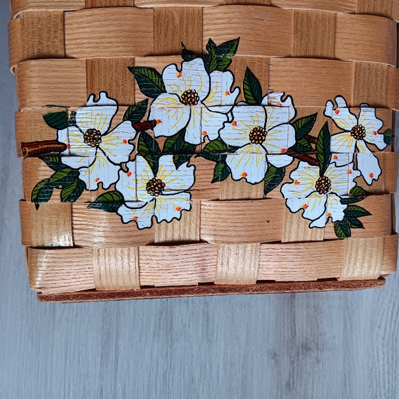 Vintage Signed Caro-Nan Floral Woven Wooden Wicker Basket Bucket Purse White Tan - Picture 10 of 16